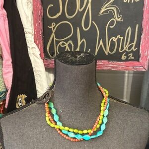 Vibrant Multicolor triple strand Beaded Necklace EUC